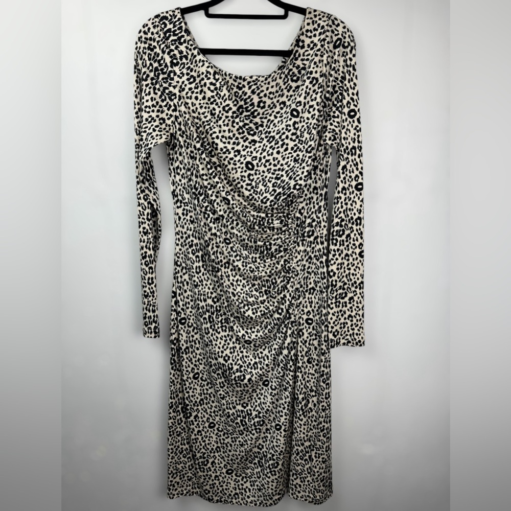 LK BENNETT Women’s LEOPARD Print Scoop Neck Long Sleeve Ruched 100% Silk Dress 8
